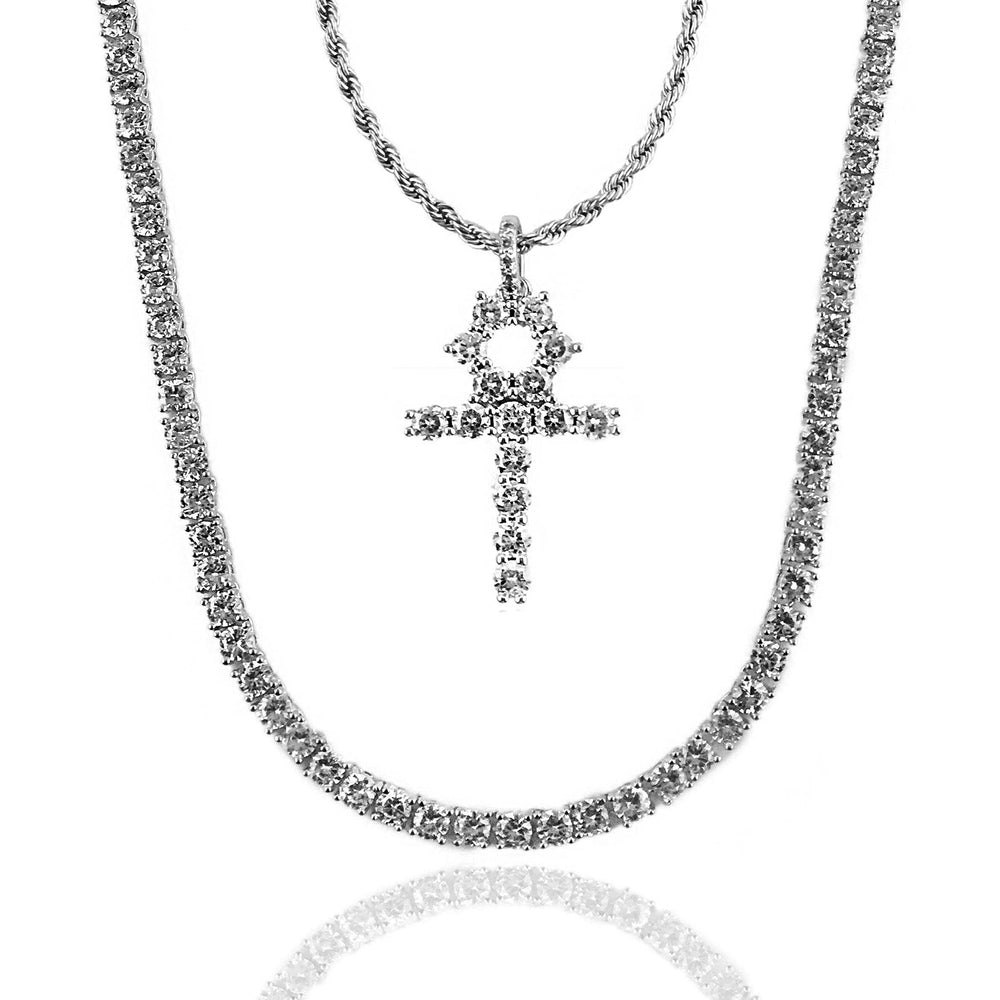 Necklace - Diamond Tennis & Cross Set X White Gold