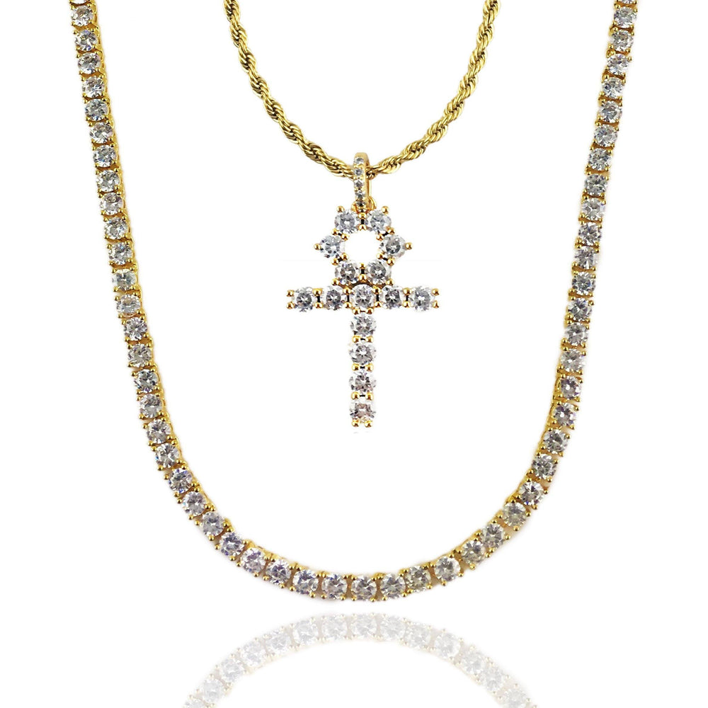 Necklace - Diamond Tennis X Ankh Set - 18k Gold