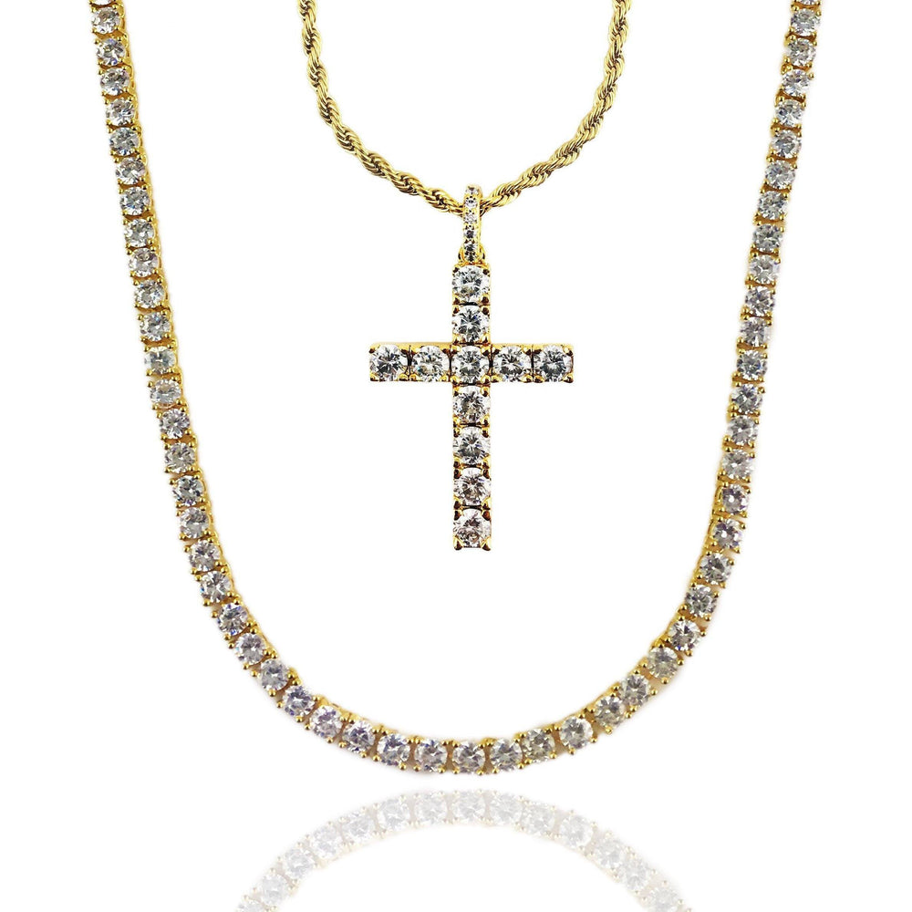 Necklace - Diamond Tennis X Cross Set - 18k Gold
